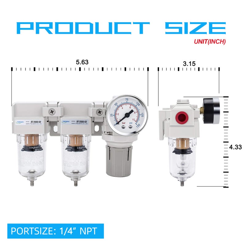 NANPU DFR-02 1/4" NPT Air Drying System - Double Air Filters, Air Pressure Regulator Combo - Semi-Auto Drain, Poly Bowl - Image 4